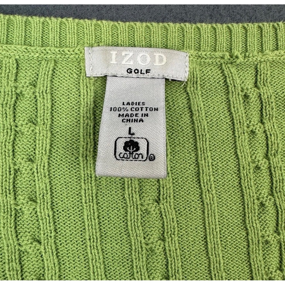 IZOD Sweater Women Large Green Short Sleeve V-Neck Cable Knit Cotton Golf Top - Picture 4 of 4